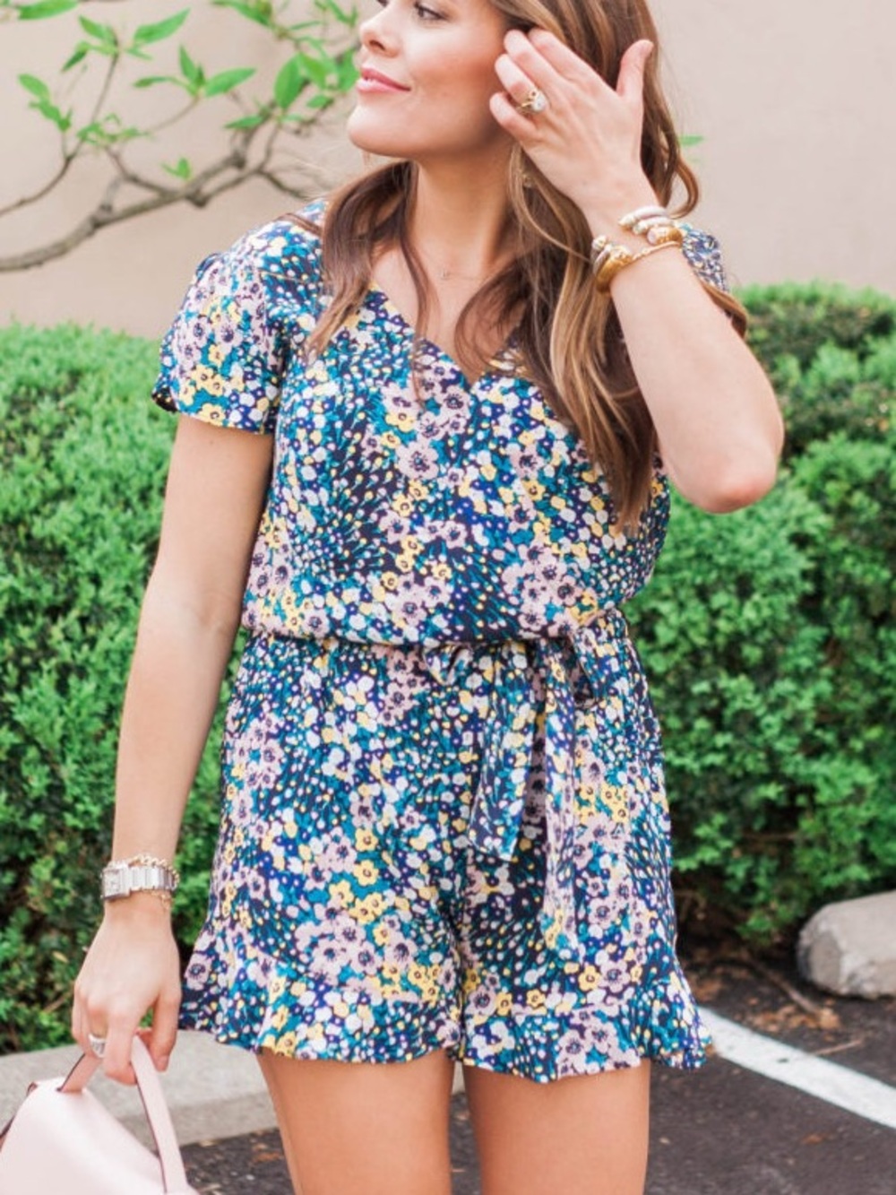 LOFT Short Sleeve Navy Floral Tie-Waist Romper